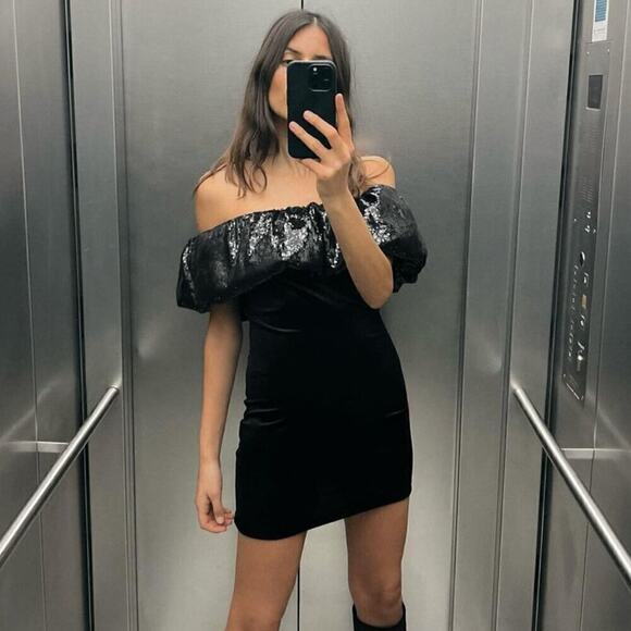ZARA Off-Shoulder Velvet + Sequin Mini Dress 🖤✨ NWT - Picture 8 of 16
